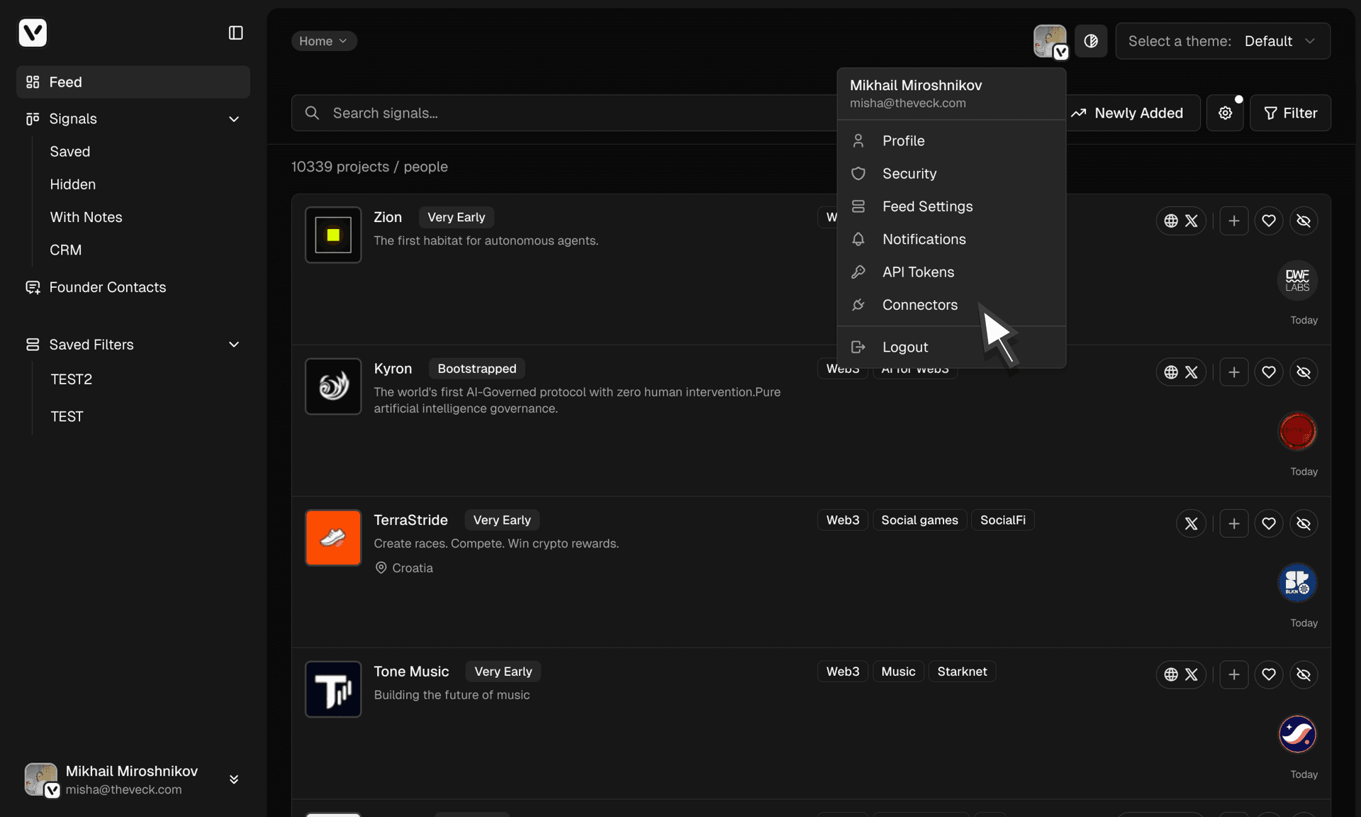 Settings and Connectors — dark theme