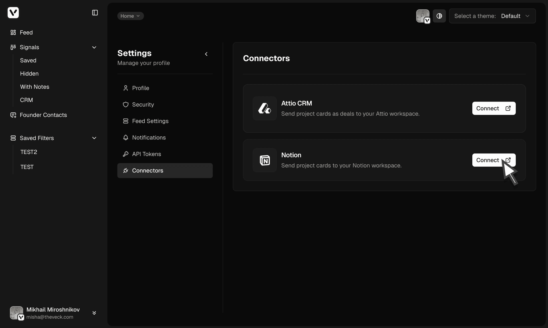 Selecting Notion pages or databases — dark theme