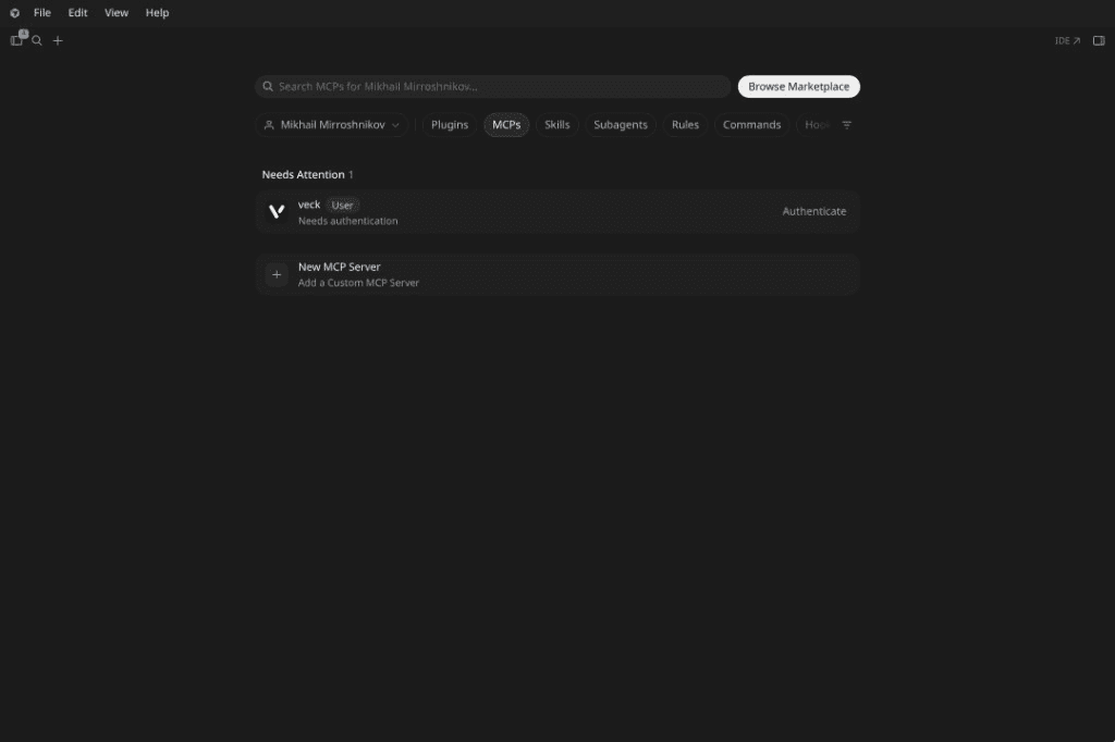 Cursor MCPs list: Authenticate on the Veck server