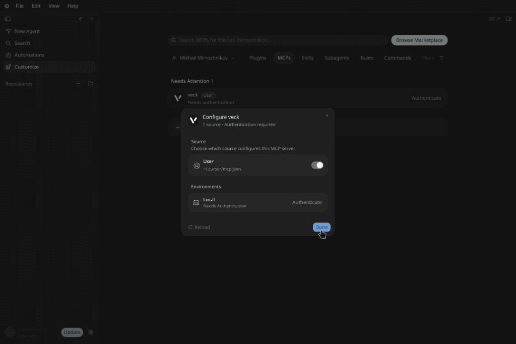 Cursor Configure veck dialog: Authenticate, then Done