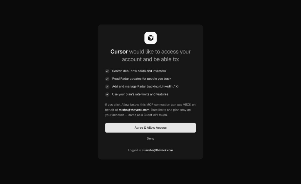 Veck authorize page: Cursor requesting access — Agree & Allow Access